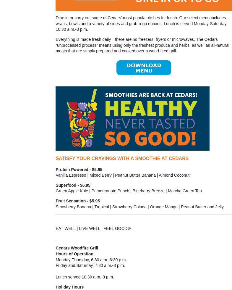 Cedars Woodfire Grill at Cooper Aerobics Menu