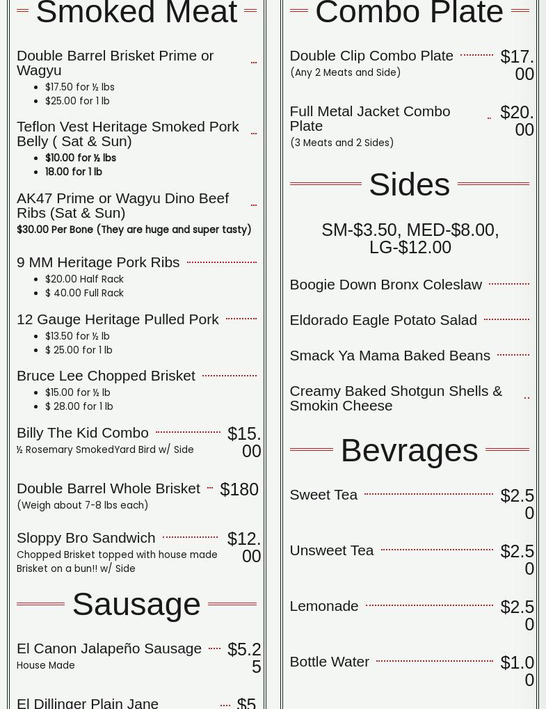 West Texas Double Barrel BBQ Menu
