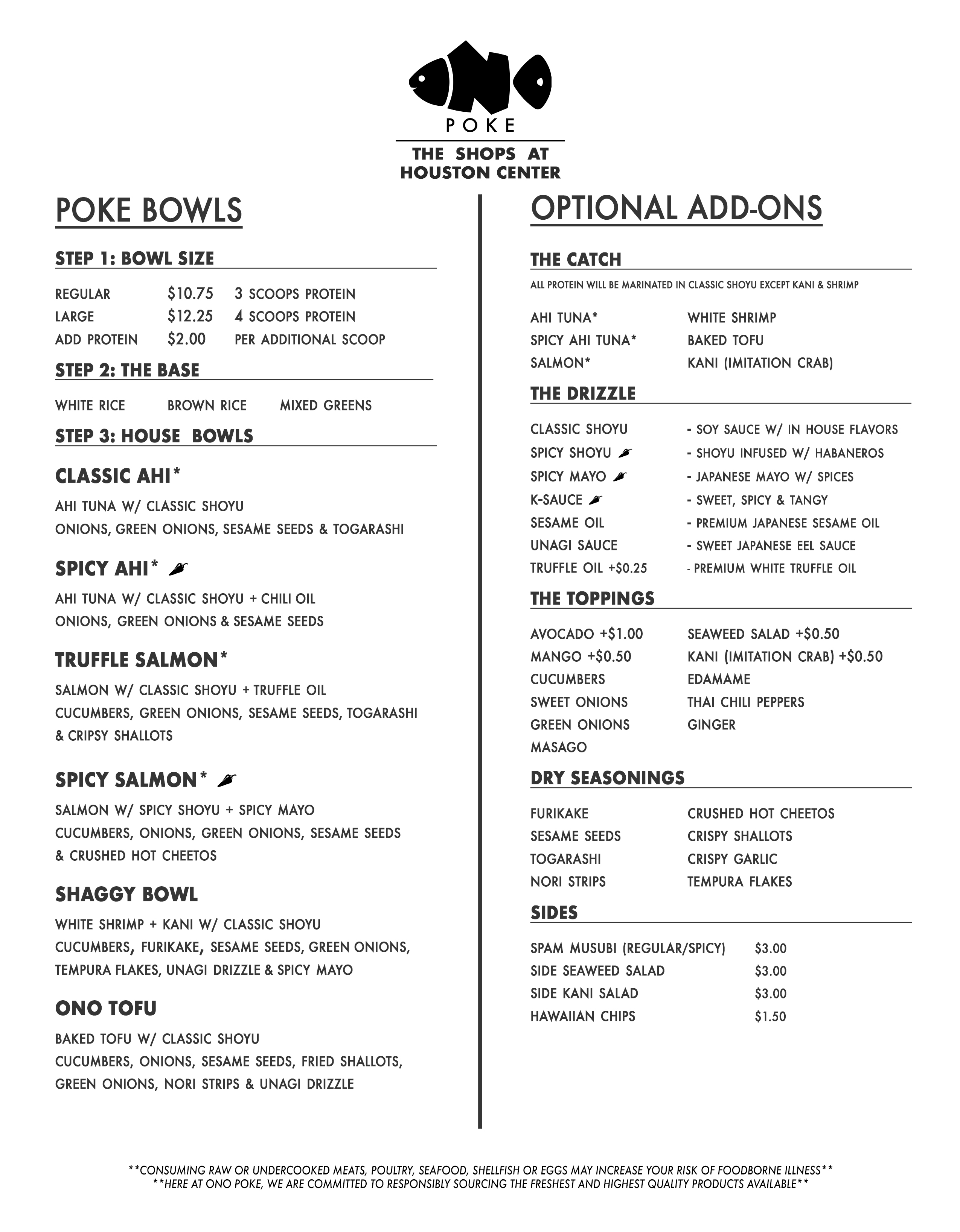 Ono Poke @ One Allen Center Menu