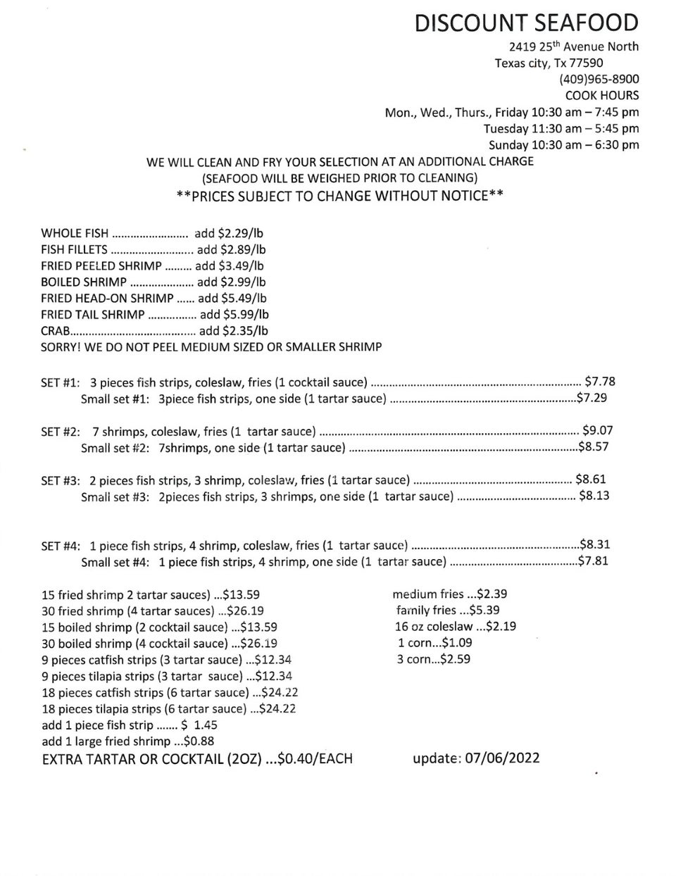 Discount Seafood Market Menu