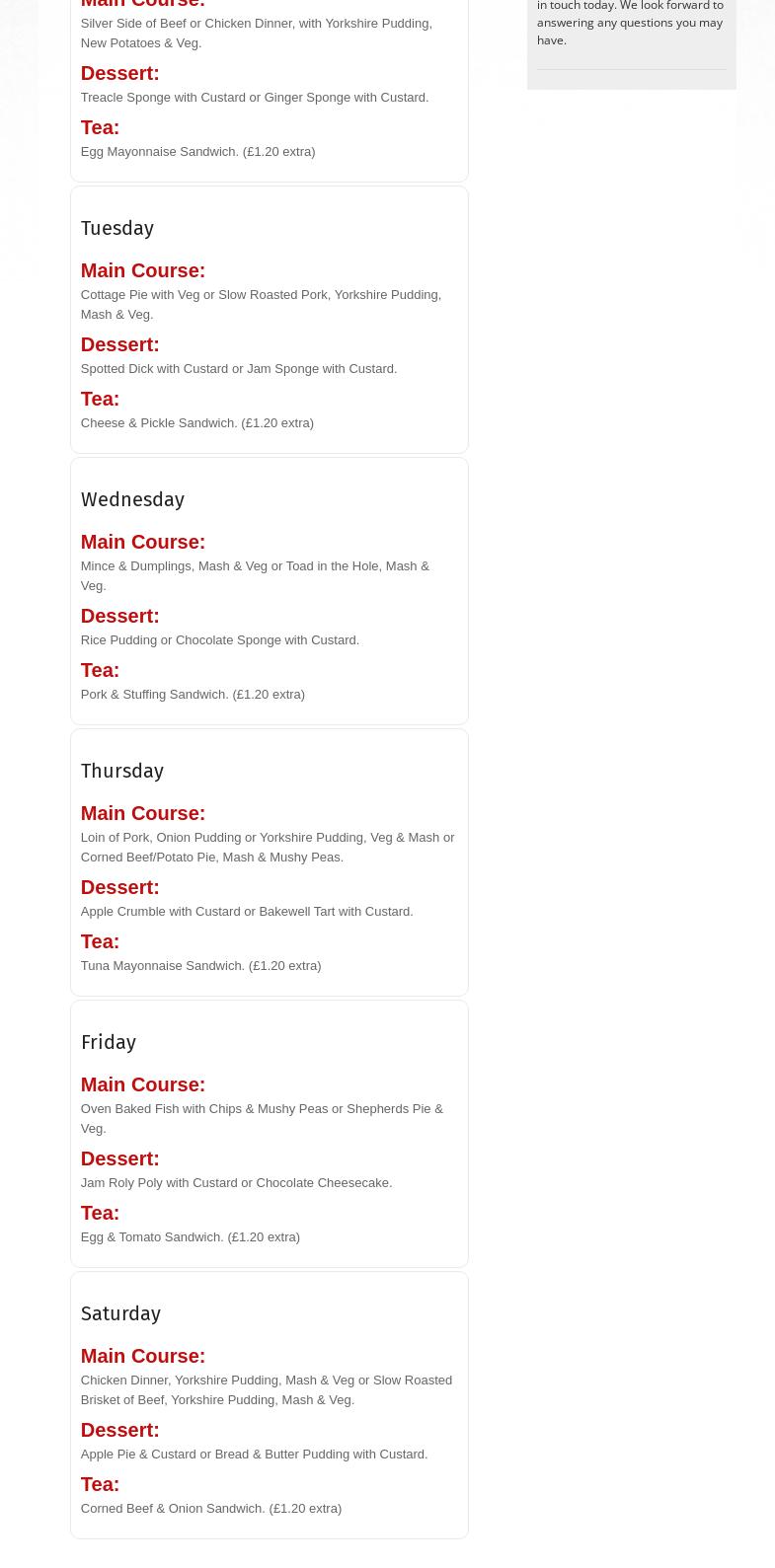 Aunt Maud's Tasty Dinners Menu