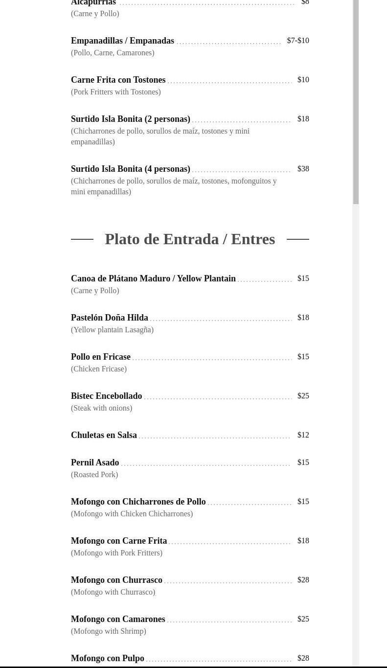 Isla Bonita Menu