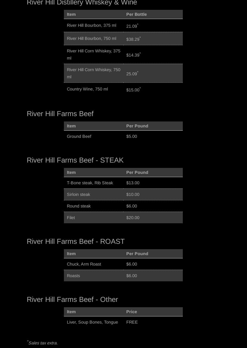 River Hill Distillery Menu