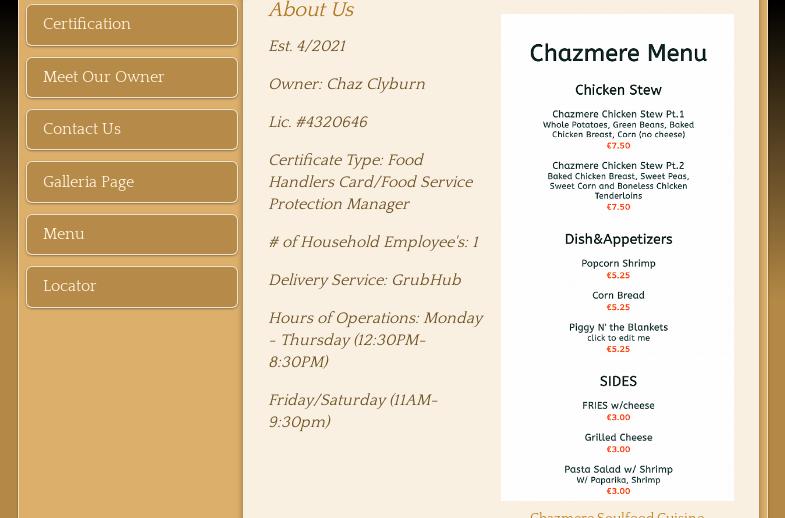 Chazmere Soulfood Cuisine, LLC. Menu