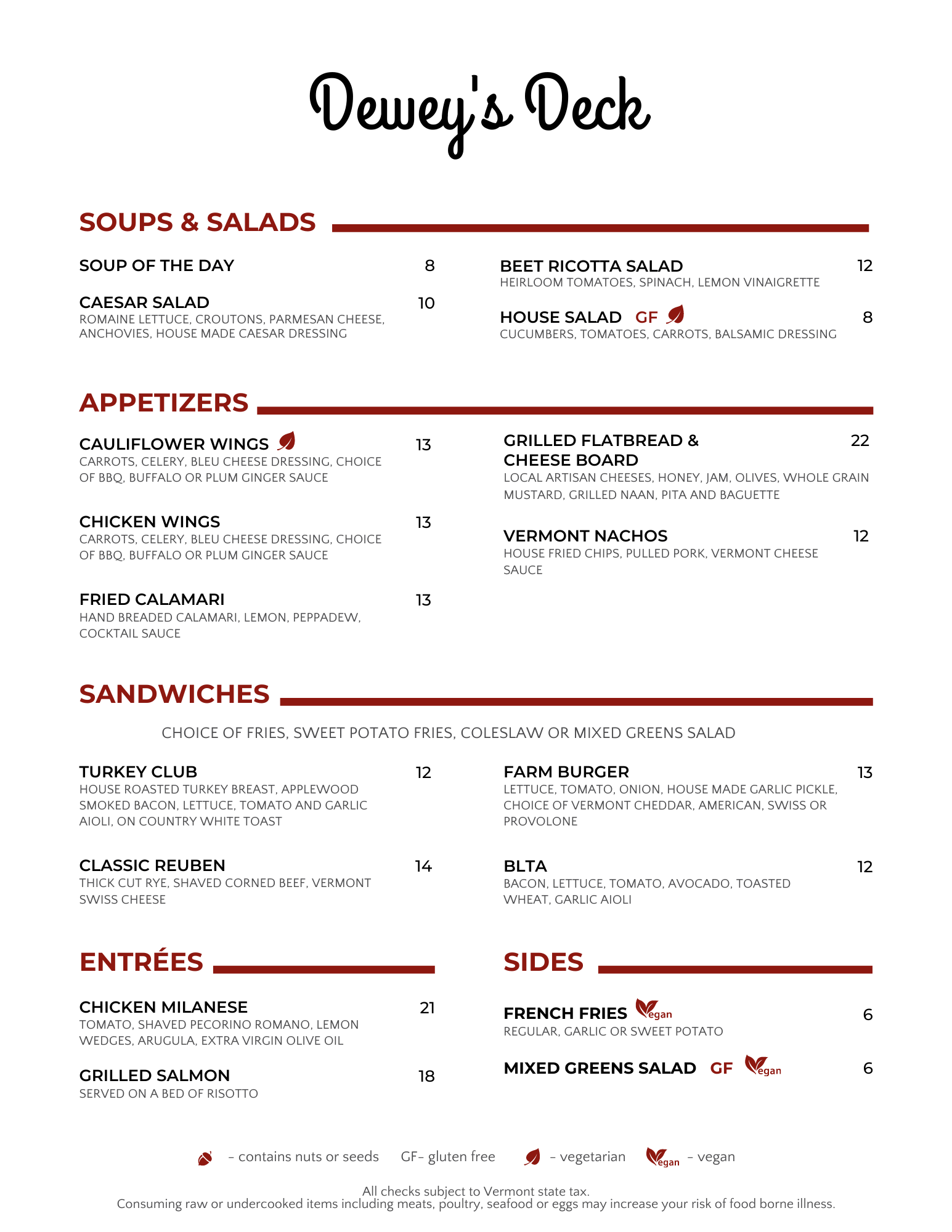 Dewey's at Quechee Club Menu