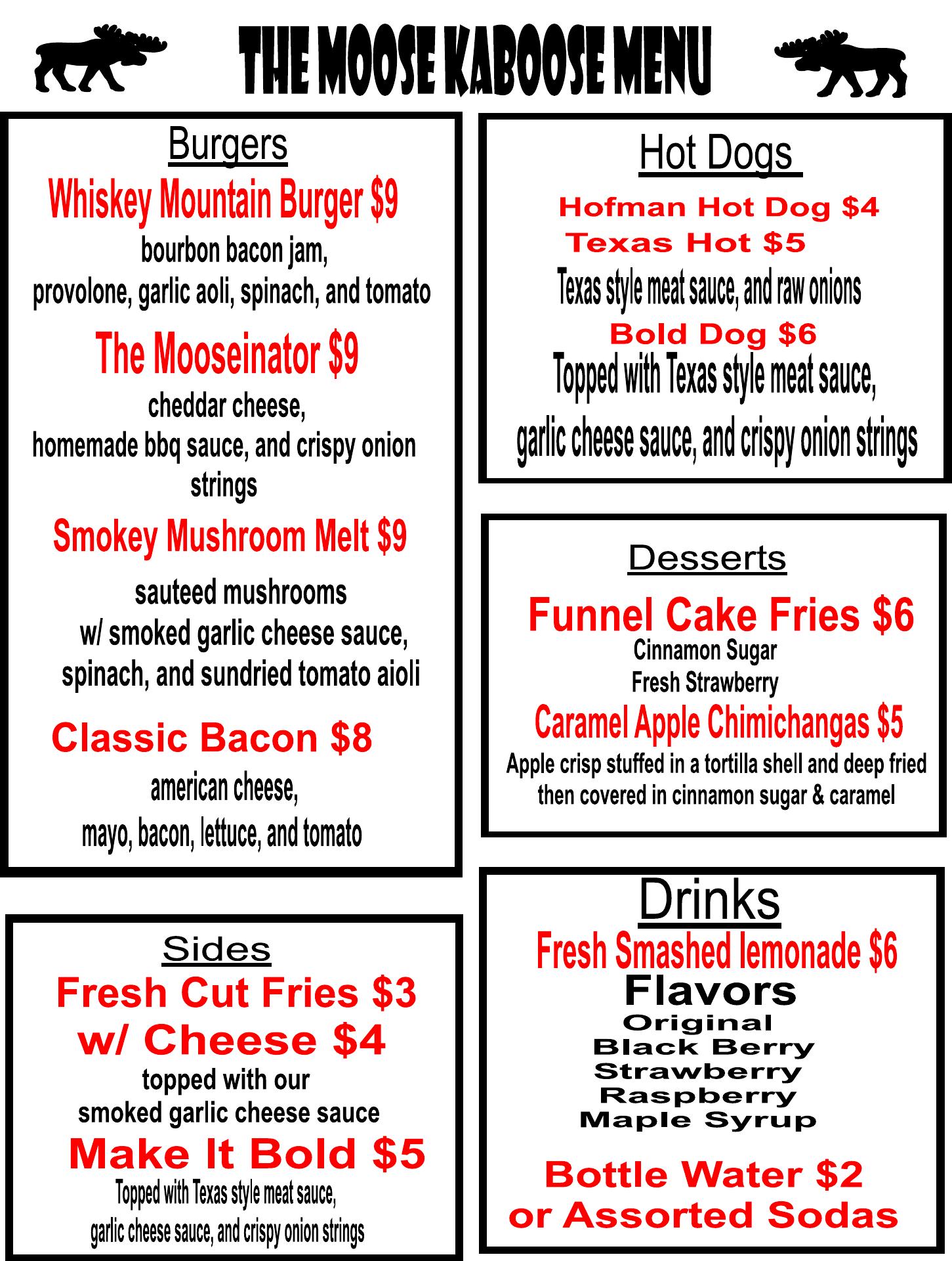 The Moose Kaboose Menu