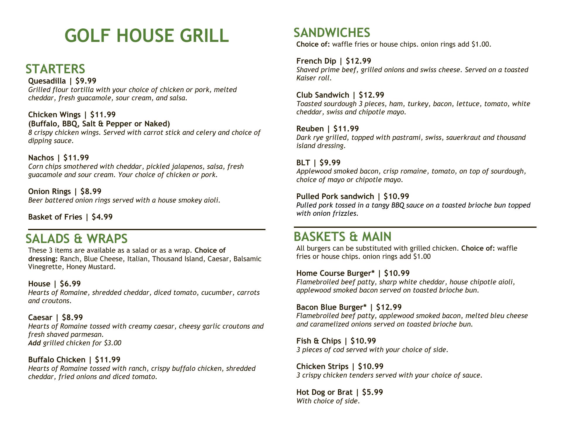 Golf House Grill Menu