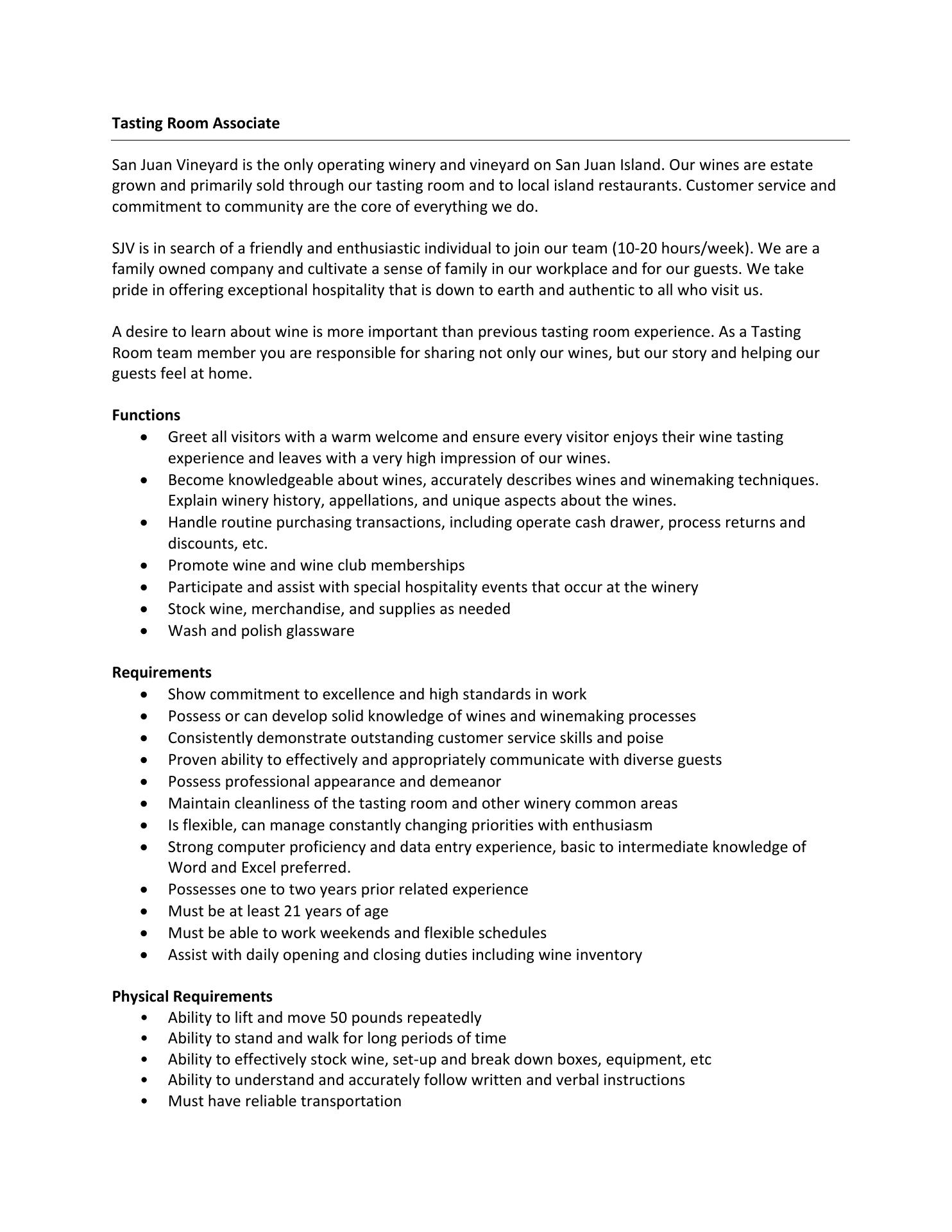 San Juan Vineyard Menu