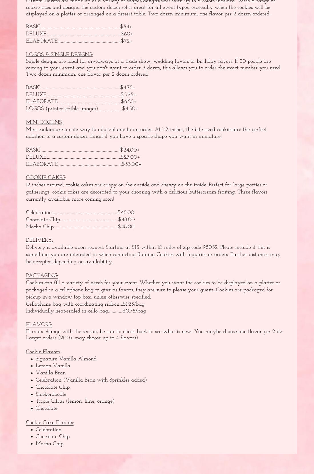 Raining Cookies Menu