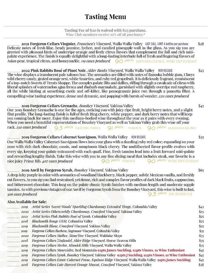 Forgeron Cellars Winery & Tasting Room Menu