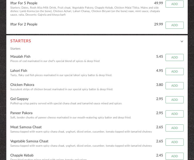 Anam's Restaurant Menu