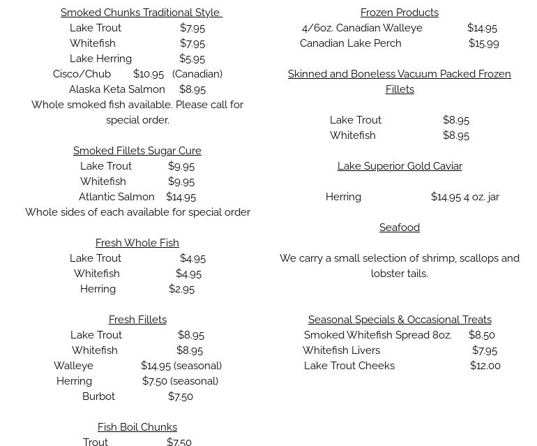 Bodin Fisheries Menu
